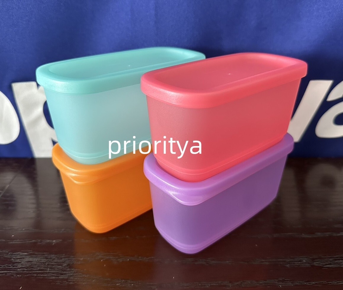 Tupperware Mini Basic Bright Rectangular Container Set 4 Sheer Rainbow Color New