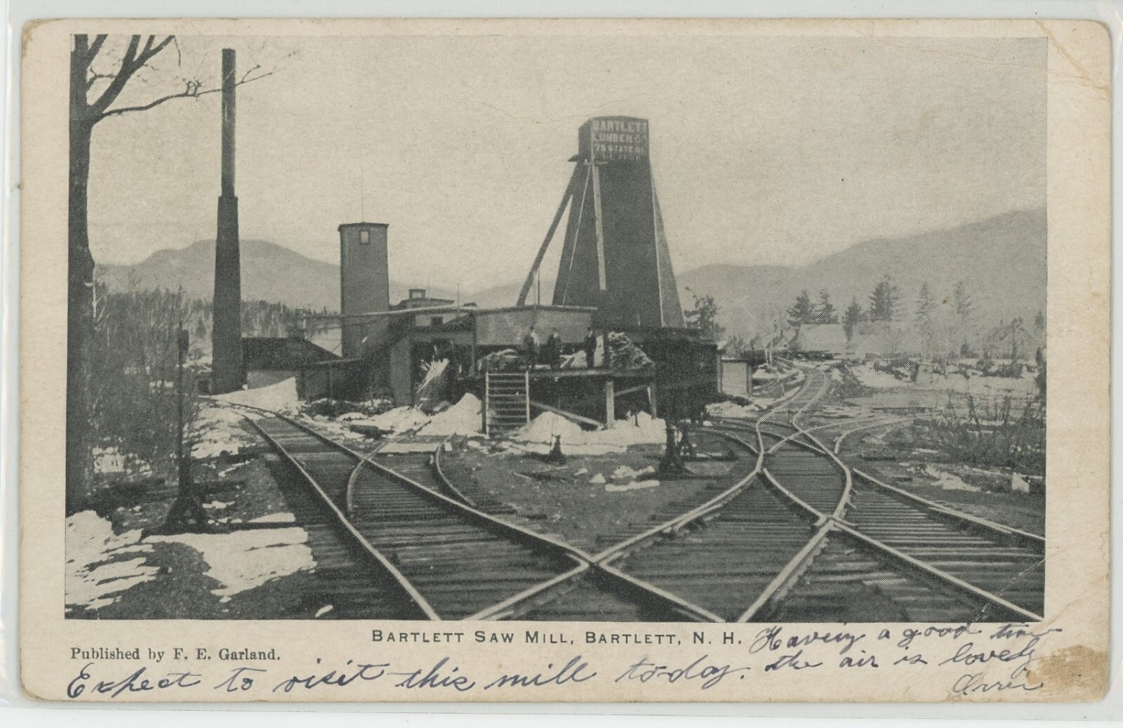 Vintage Lithograph Postcard Snow Train Tracks Bartlett Saw Mill Bartlett NH 1909
