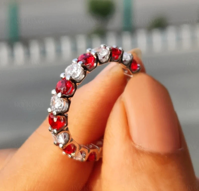 Ruby & Diamond 14K White Gold Over Wedding Anniversary Full Eternity Band Ring