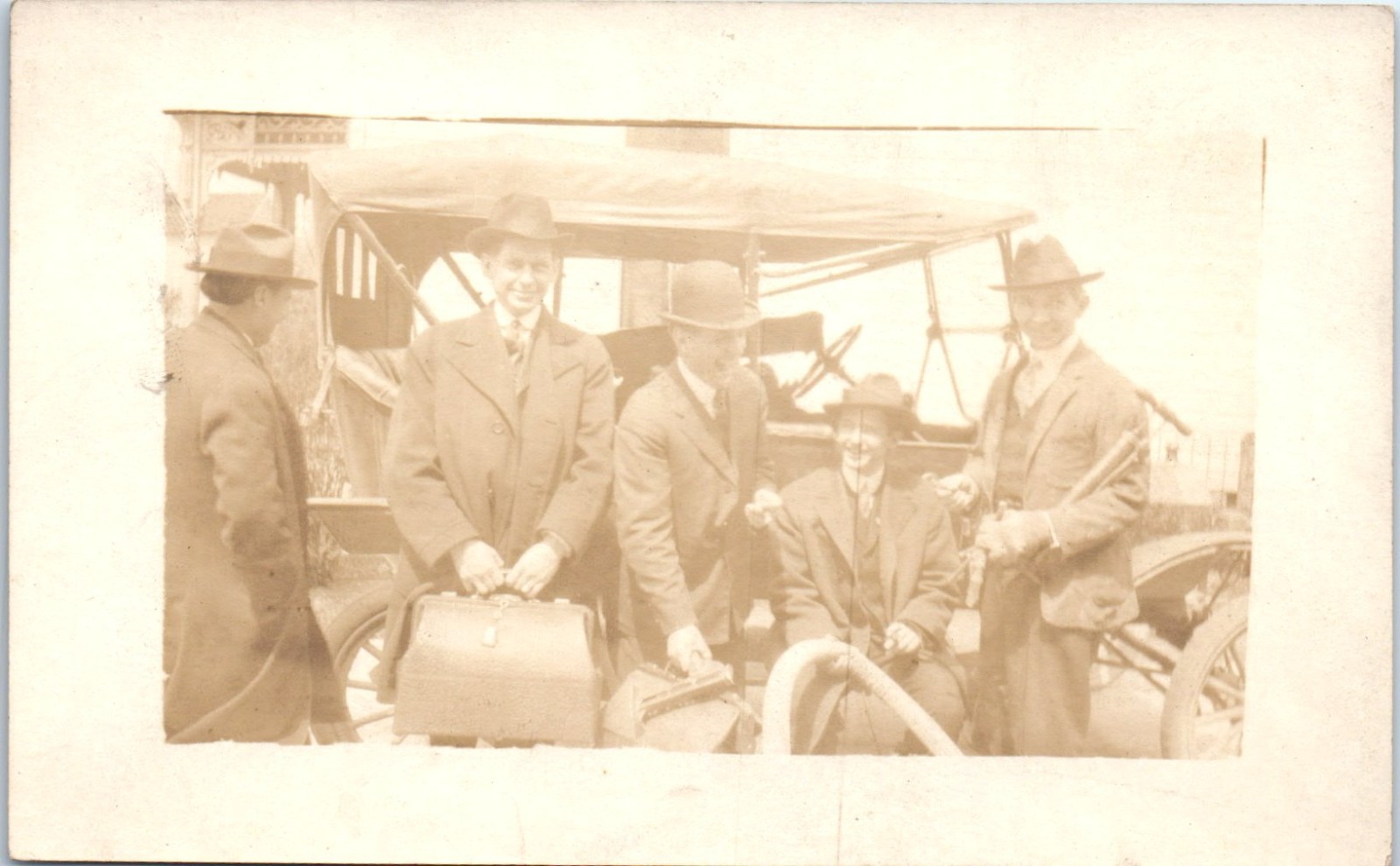 1910s – 1930 Men Laughing Posed with Car Anonymous People Real Photo Postcard