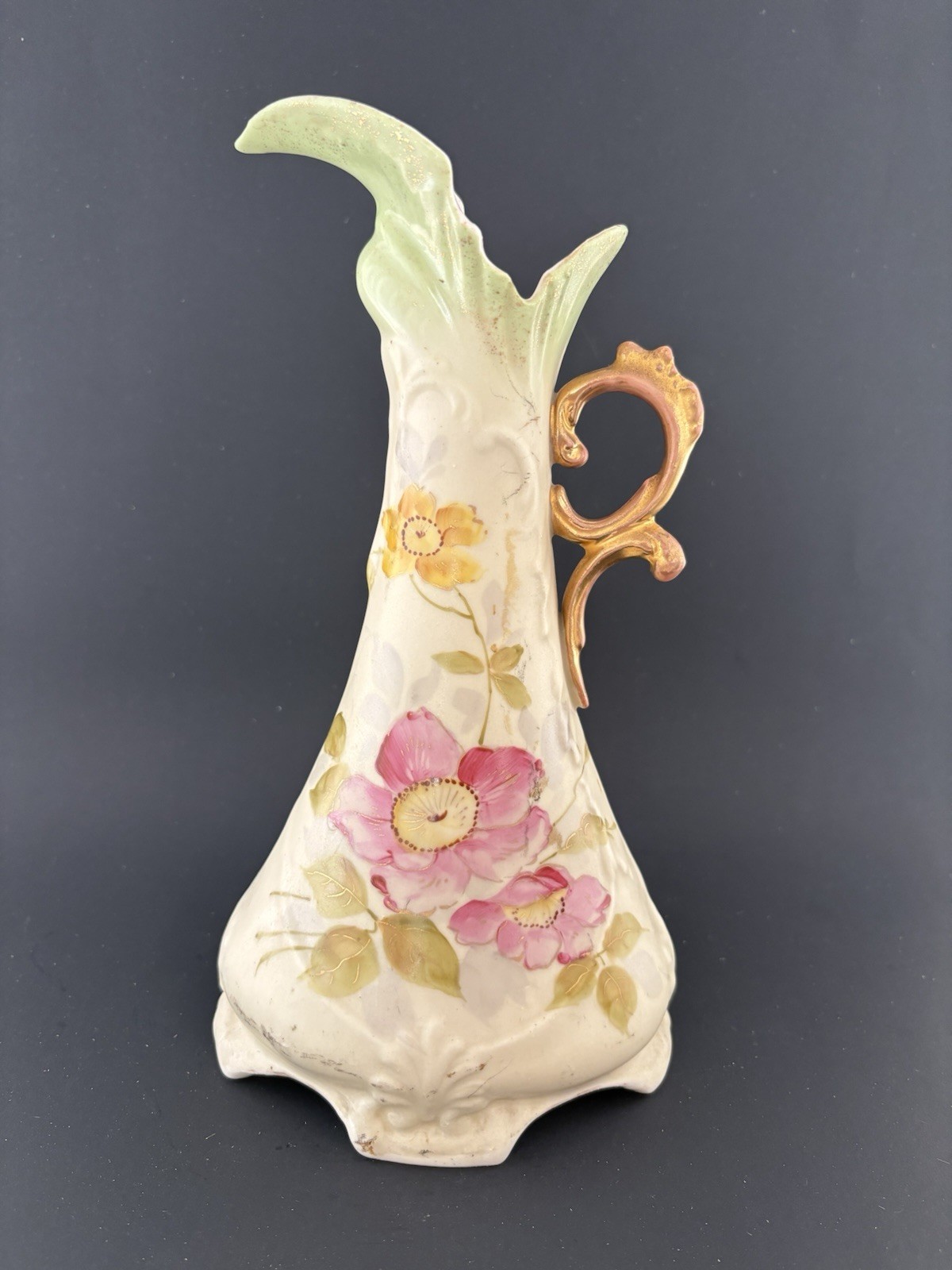 Antique Hand Painted Porcelain Floral Ewer Pitcher Art Nouveau