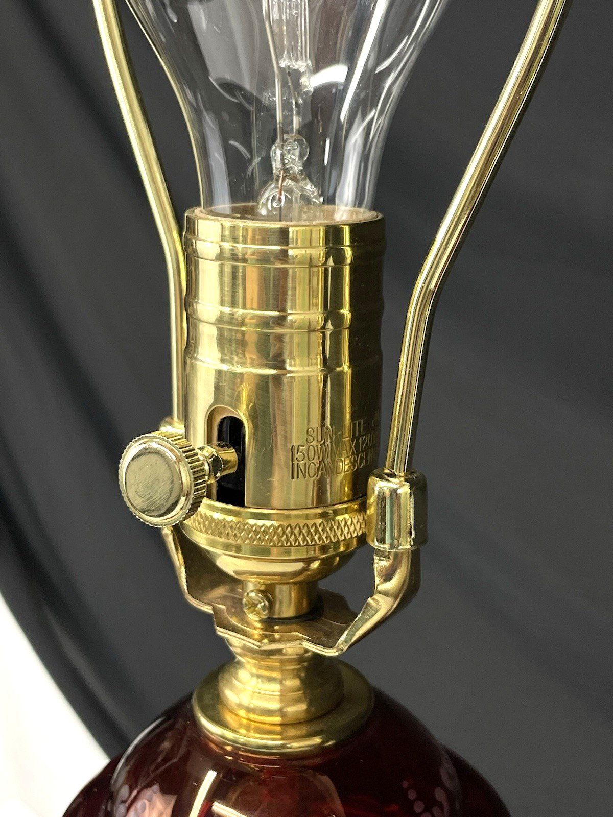 PAIR Vtg 1940’s Cranberry Ruby Red Cut to Clear Glass Table Lamps Czech Bohemian