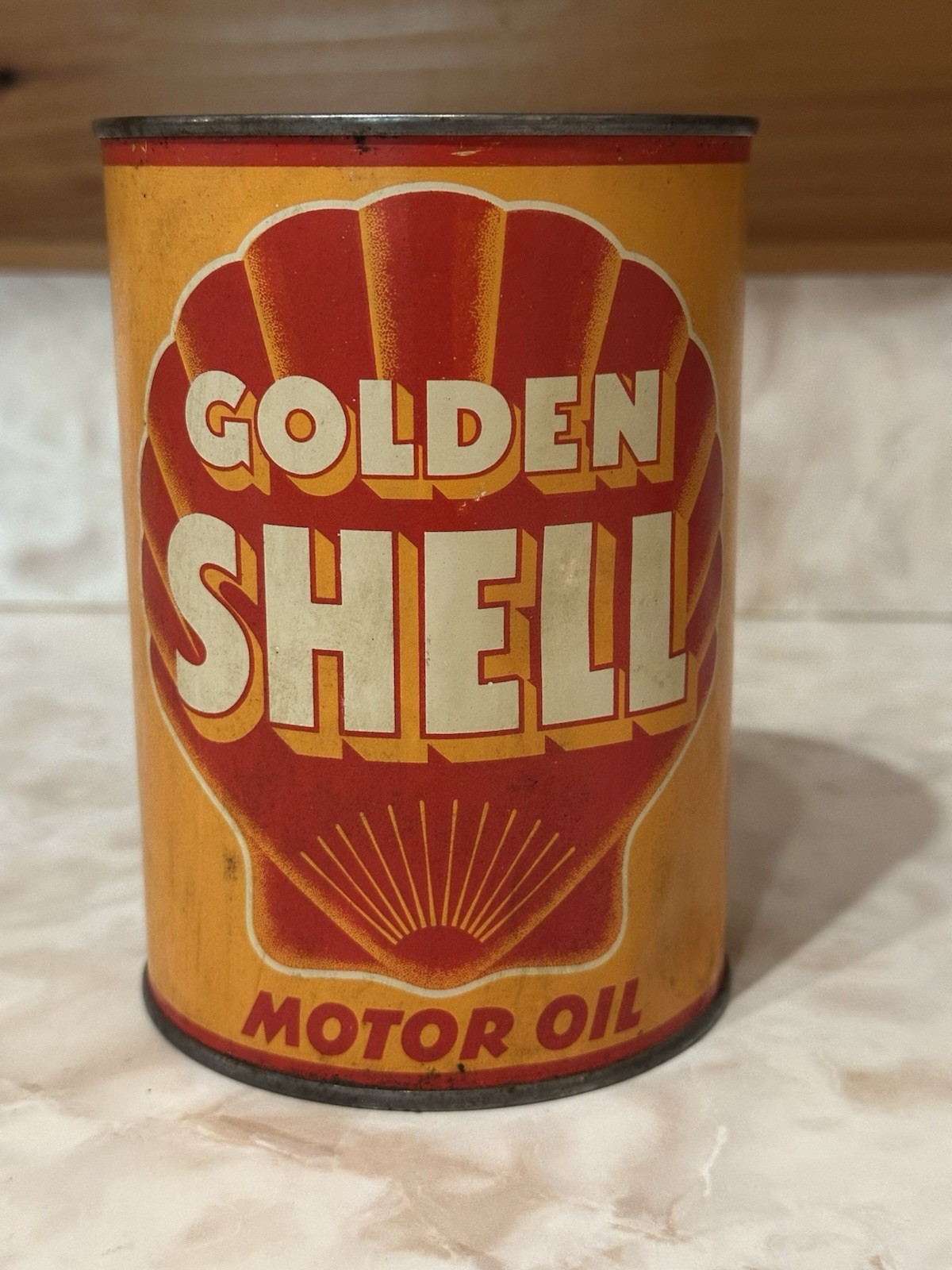 Vintage GOLDEN SHELL MOTOR OIL Quart Can Soldered Seam Original Rare 1940s Empty