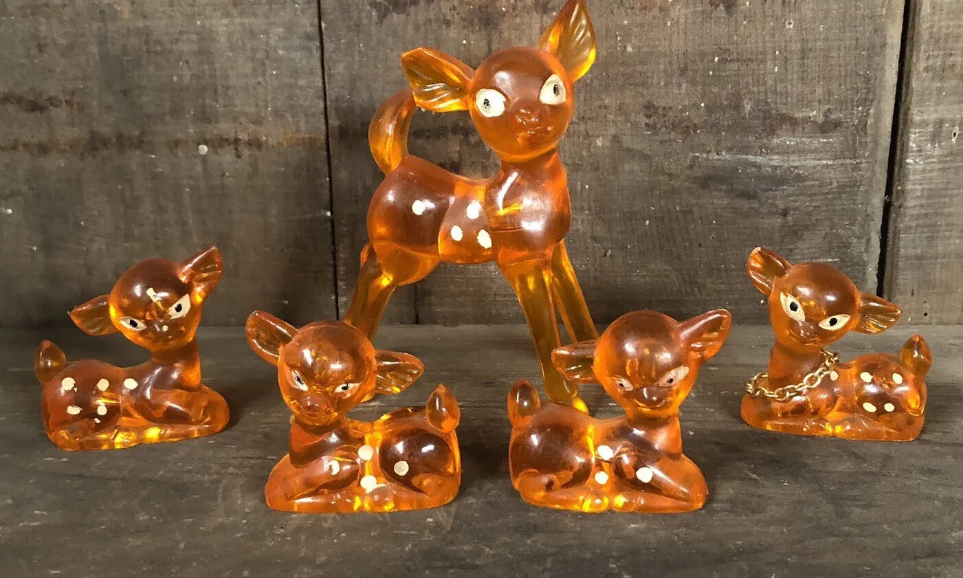 Vintage Orange Lucite Deer Bambi Family Doe and 4 Fawns Hong Kong