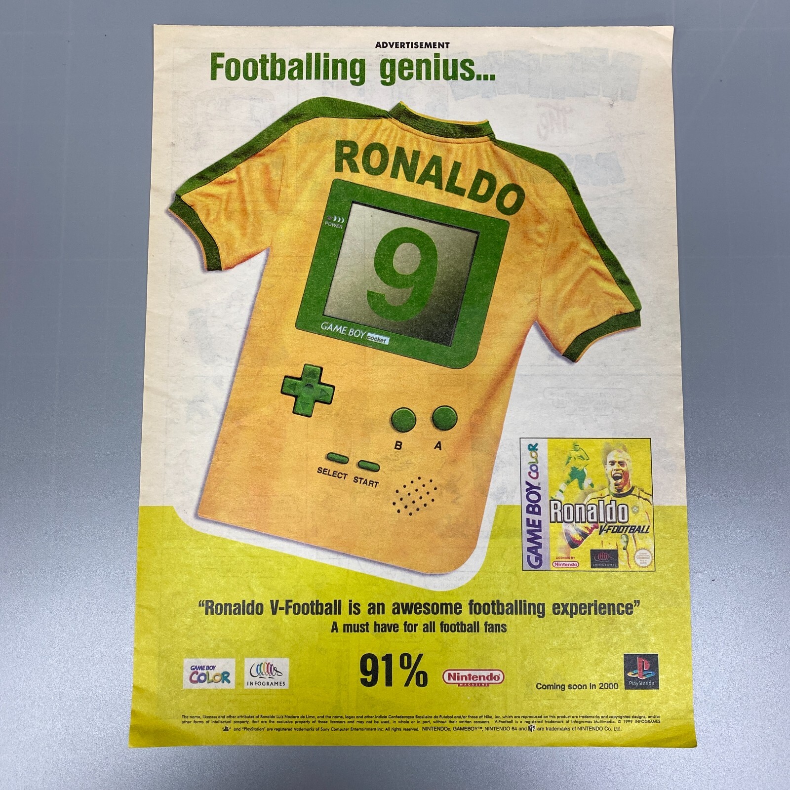 RONALDO V-FOOTBALL NINTENDO GAME BOY COLOR PLAYSTATION 2000 VINTAGE RETRO ADVERT