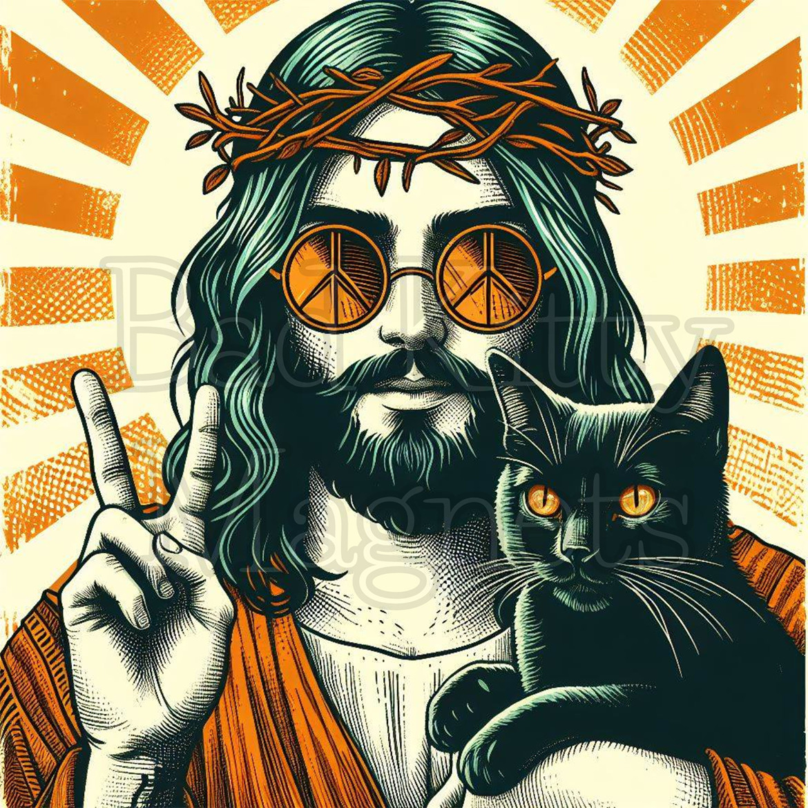 Peace Love and Black Cats Jesus Boho High Quality Metal Magnet 4 x 4 Fridge 500