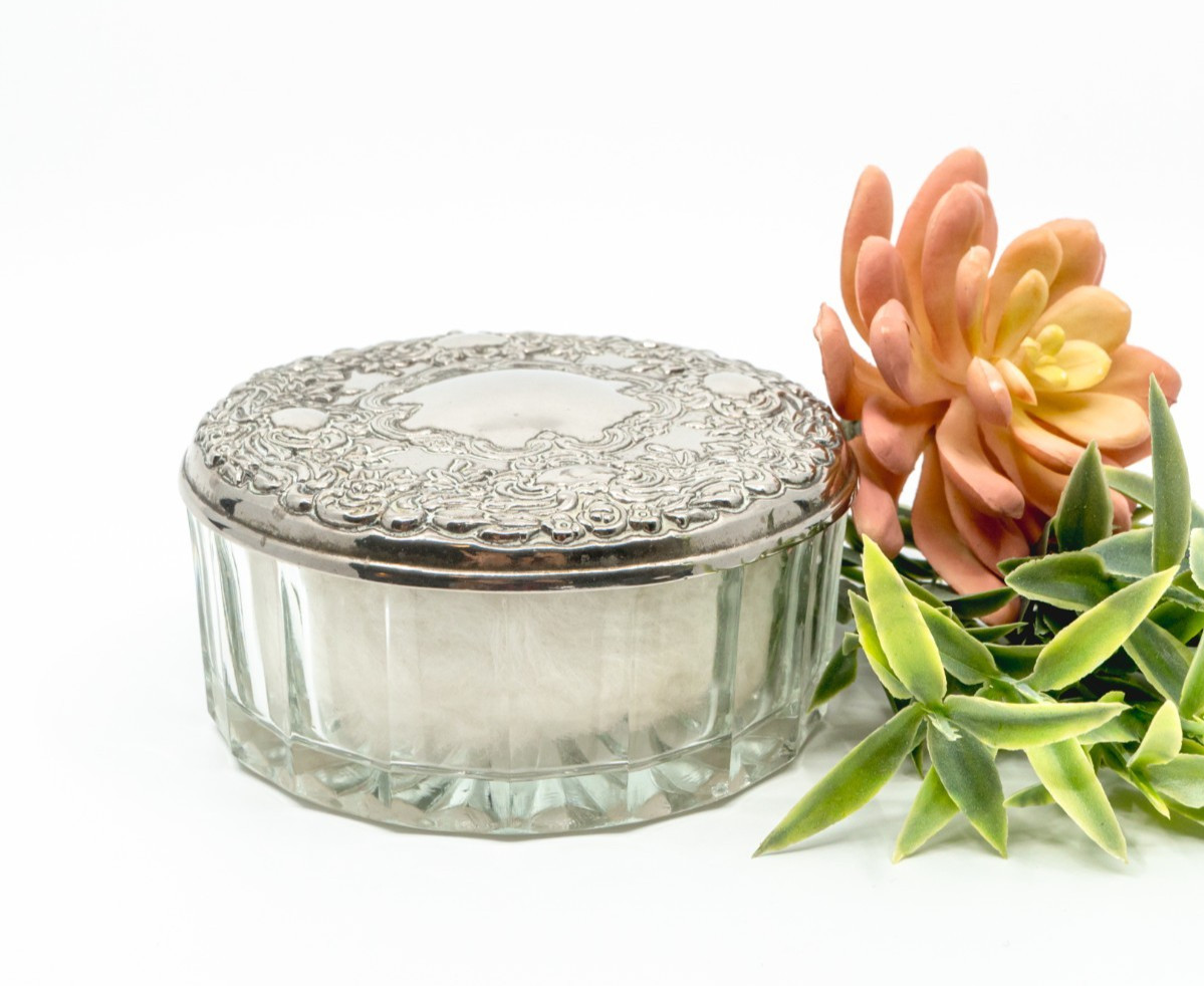 Vintage Silverplate and Glass Powder Box with Mirror & Puff – Made in Hong Kong
