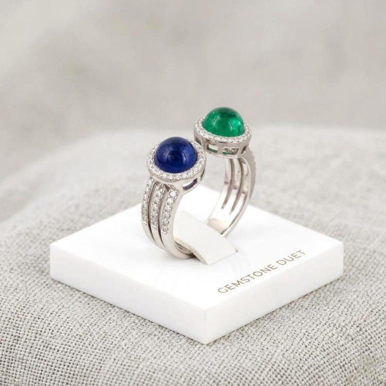 Emerald,Sapphire & Diamond 18K White Gold Over Bypass Dual Stone Engagement Ring