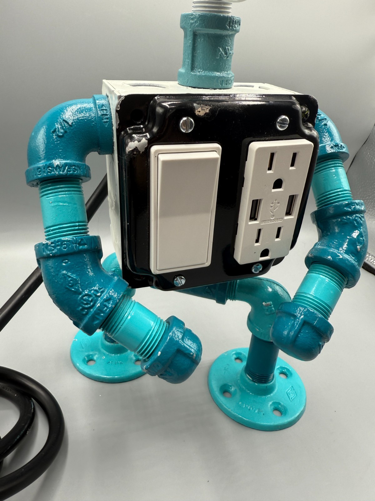 Repurposed Robot Table Lamp Outlet USB Steampunk Industrial Handmade Works Great