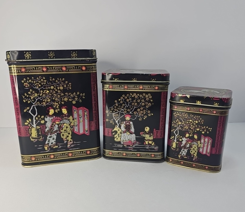 Set of 3 Chinoiserie Tea Nesting Tin Canisters Japanese Storage Boxes Tea Time
