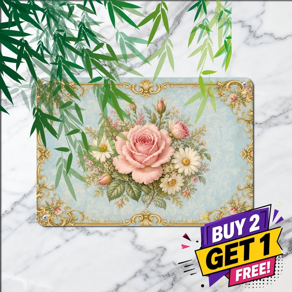 Classical Rose Floral Metal Sign Vintage Botanical Tin Plaque Garden Decor