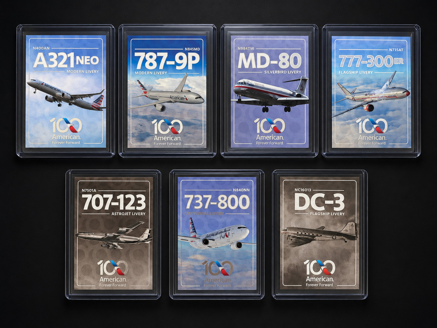 American Airlines 100th Anniversary Centennial Trading Card Set (7) w/ Sleeves