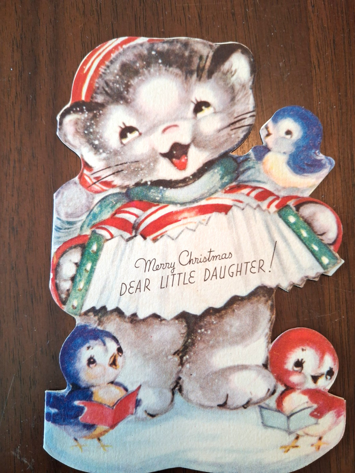 Vintage Rust Craft Christmas Card Marjorie Cooper Kitten with Birds Singing Used