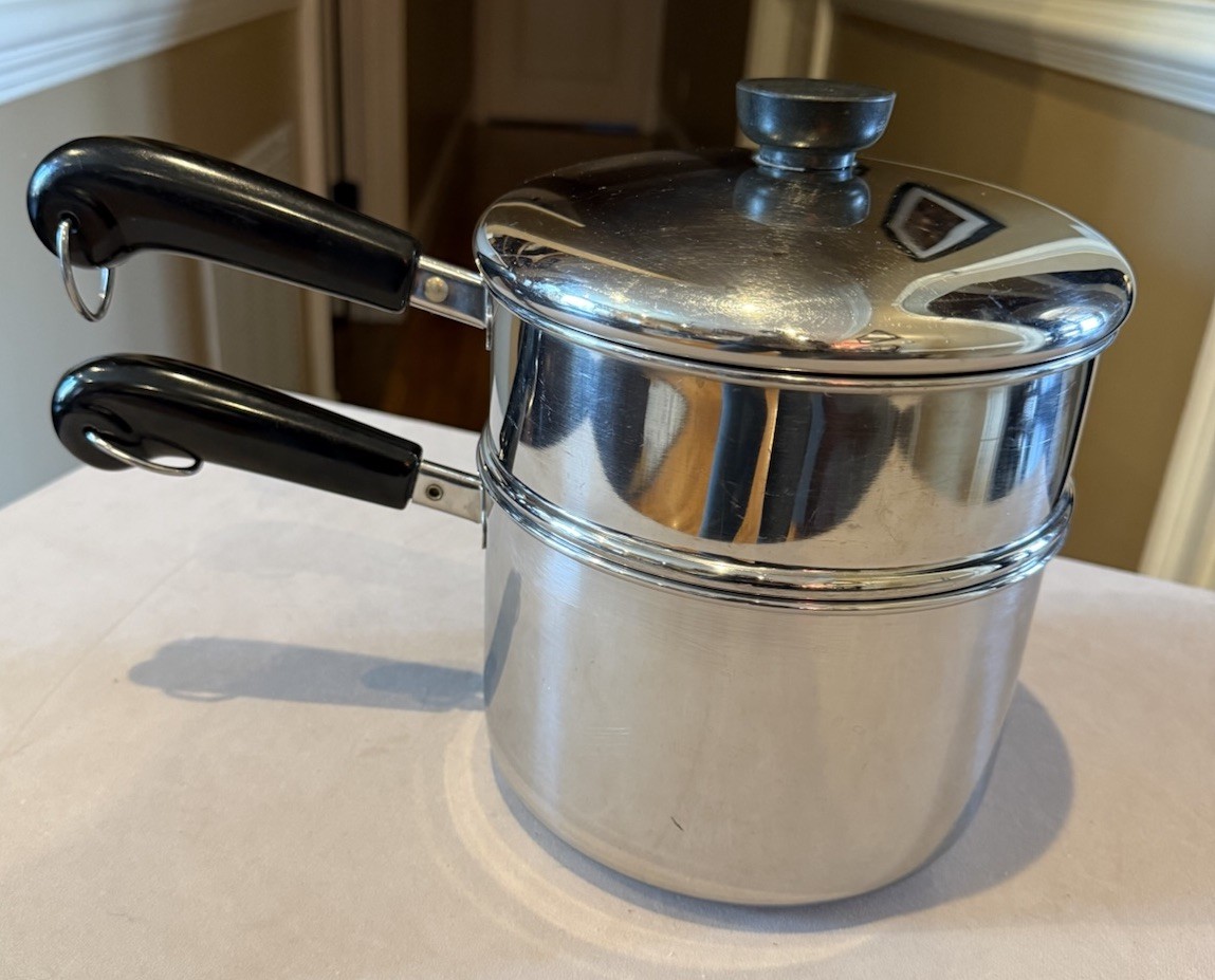 Vintage Stainless Tri-ply 3 qt 1801 Revere Ware Saucepan, Steamer Basket W/ Lid