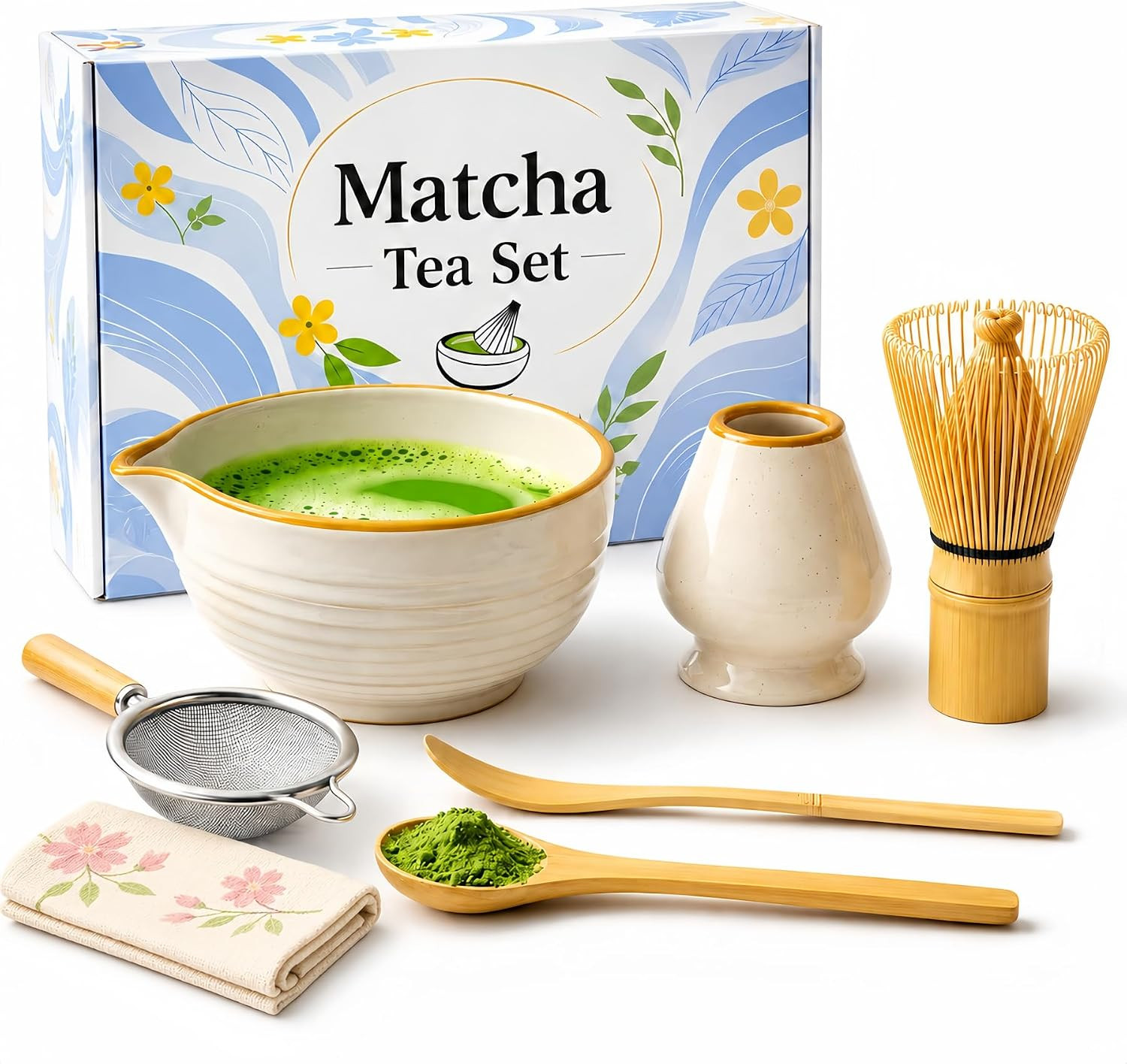 Matcha Set 7 Pcs, Japanese Matcha Kit for Beginners with Ceramic Bowl, Bamboo Wh