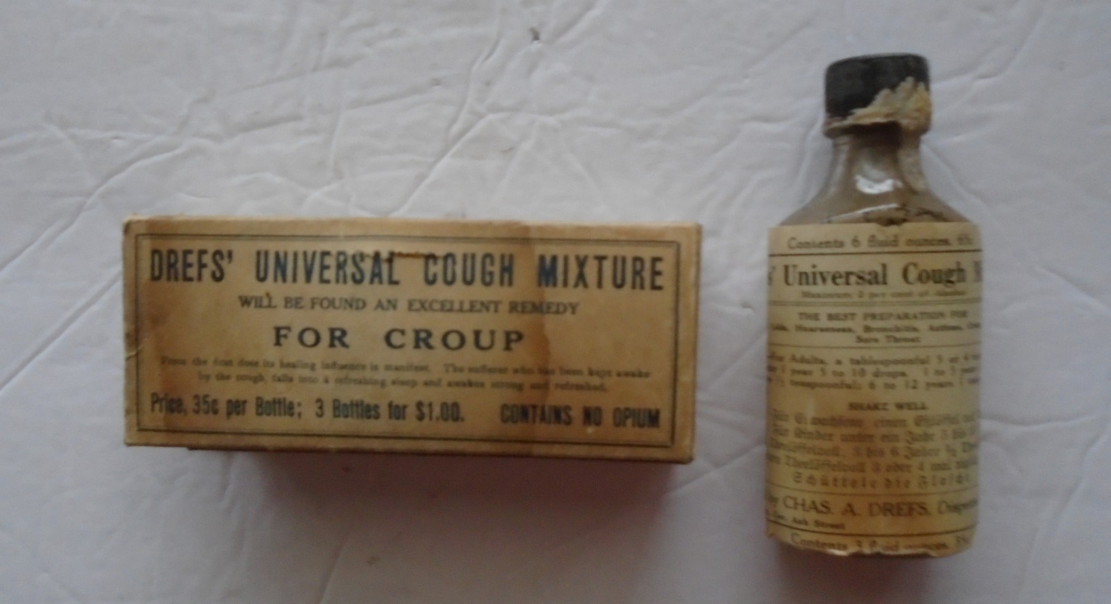 Antique Drefs” Universal Cough Mixture Bottle With Box Remedy For Croup No Opium