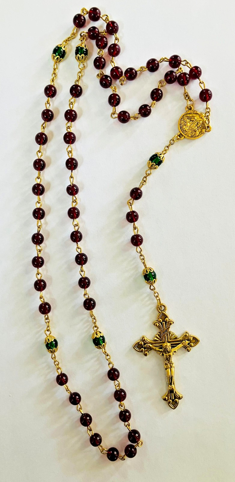 Catholic Rosary Beads ~ RED / GREEN Ornate Glass Beads Gold Tone Cross 20″ Long