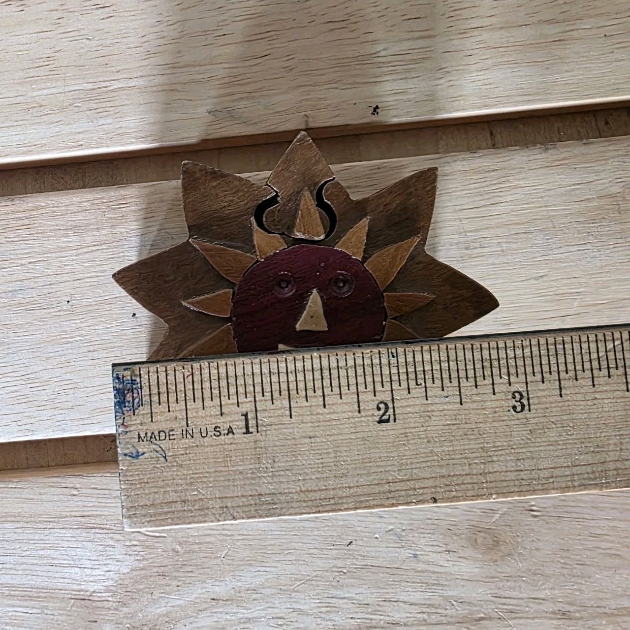 Sun Face Puzzle Box Ring/Stash/Presentation Wood Unique Carved 3×2″ Felt Lined