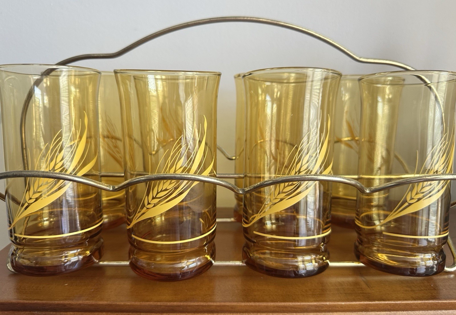 Set of 8 Vintage MCM Libbey Amber Golden Harvest Wheat Tumblers with Metal Caddy