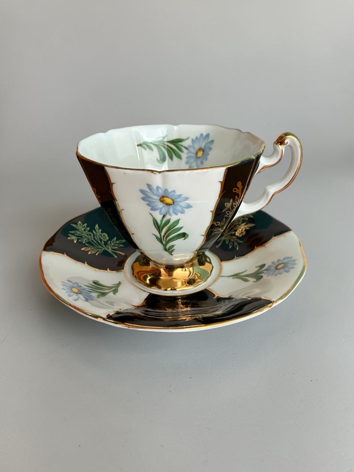Vtg Adderly English Bone China Teacup and Saucer Black White Gold Blue Flower