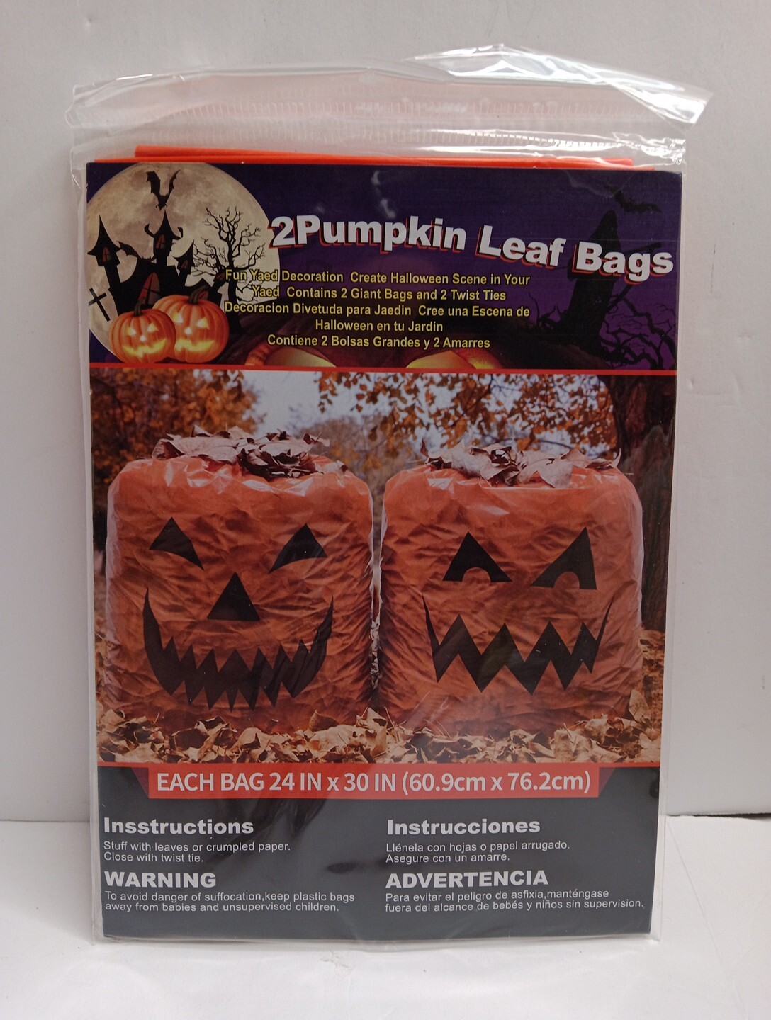 Pumpkin Face Leaf Bag – Halloween Lawn Porch Fall Decor -24″x30″ Set Of 2 NEW Lg