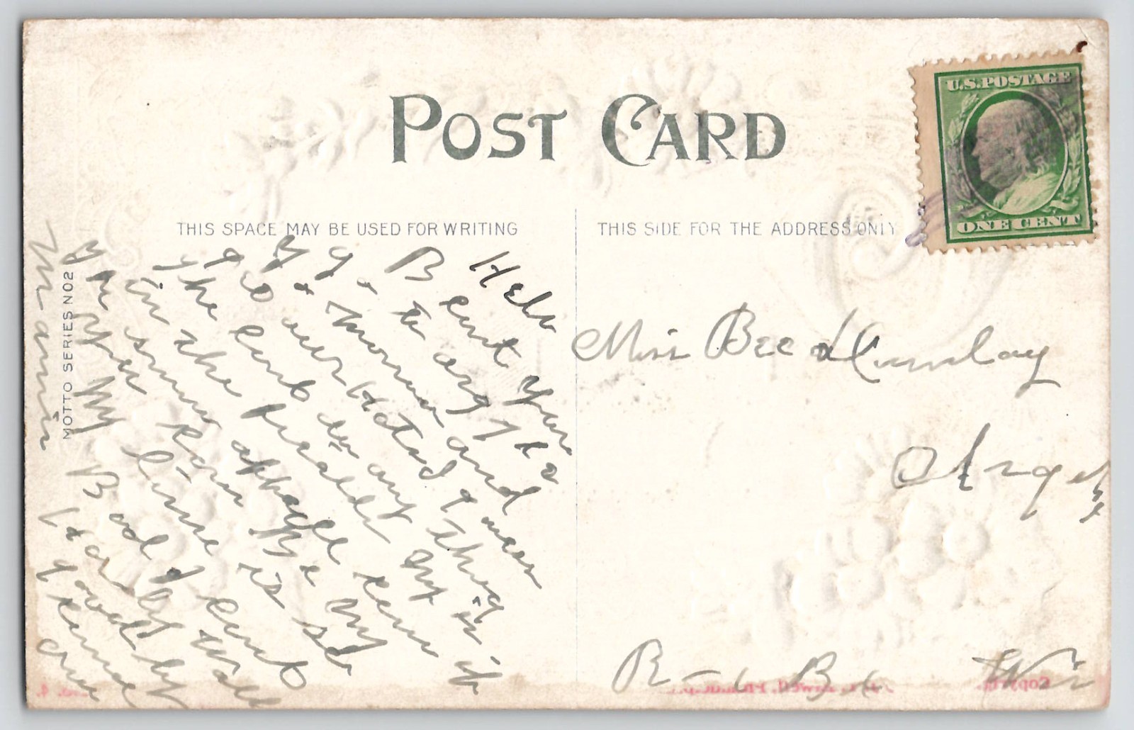 Motto Series No 2 Floral Friendship Art Nouveau Big T Saying Postcard c1910’s