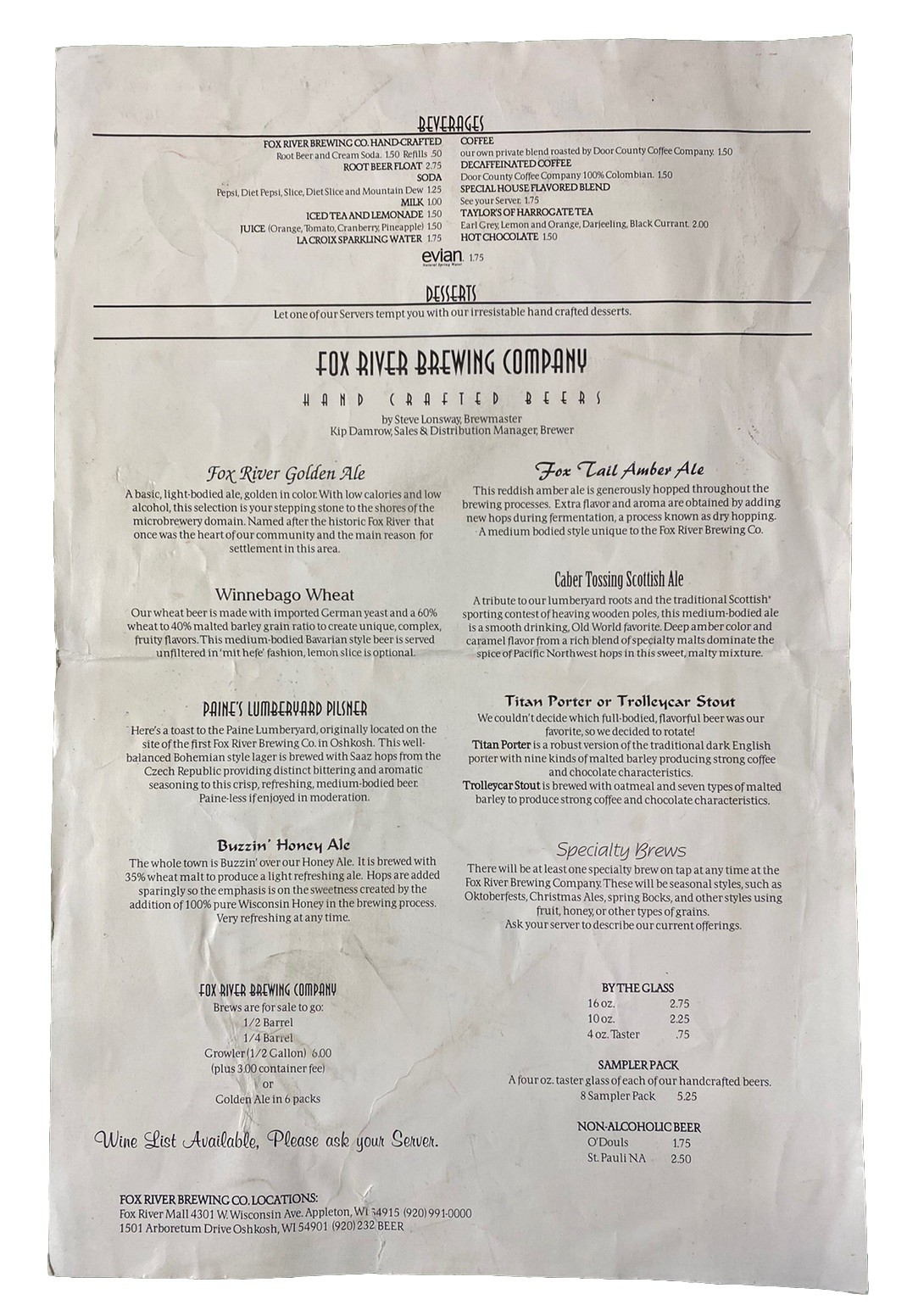 Fox River Brewing Co Appleton & Oshkosh Wisconsin Vintage 1990s Restaurant Menu