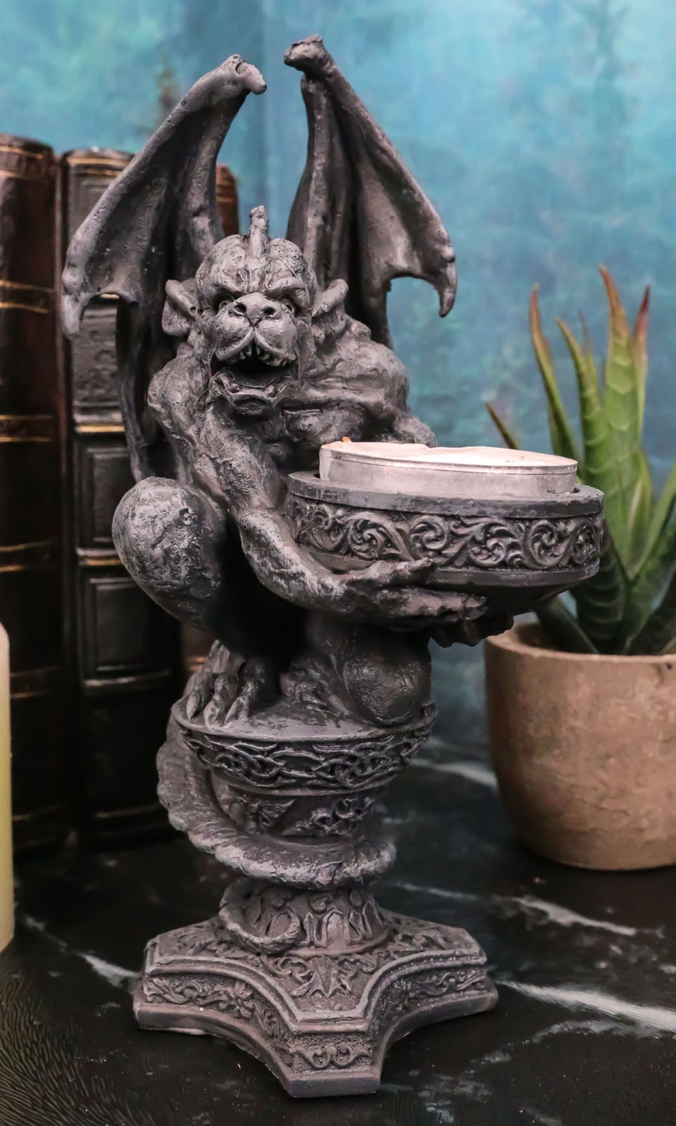 Gothic Wyvern Gargoyle Tea Light Candle Holder Guardian Kneeling Servant Statue