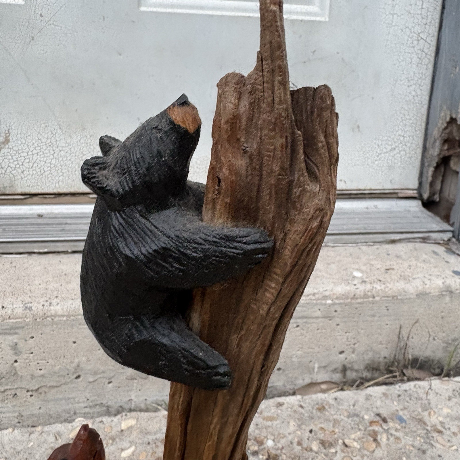Eugene Ownby Dog Chasing Bear Up Tree Folk Art Carving Carved Wood Signed 1998