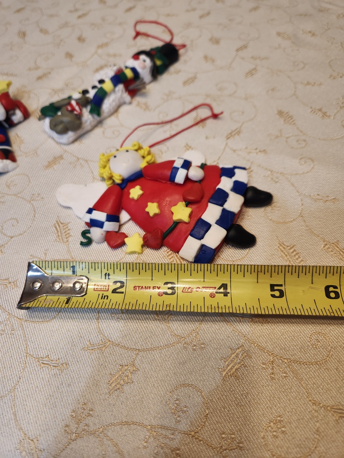 Set Of 3 Folk Art Style Clay Christmas Ornaments Colorful Santa Angel Snowman