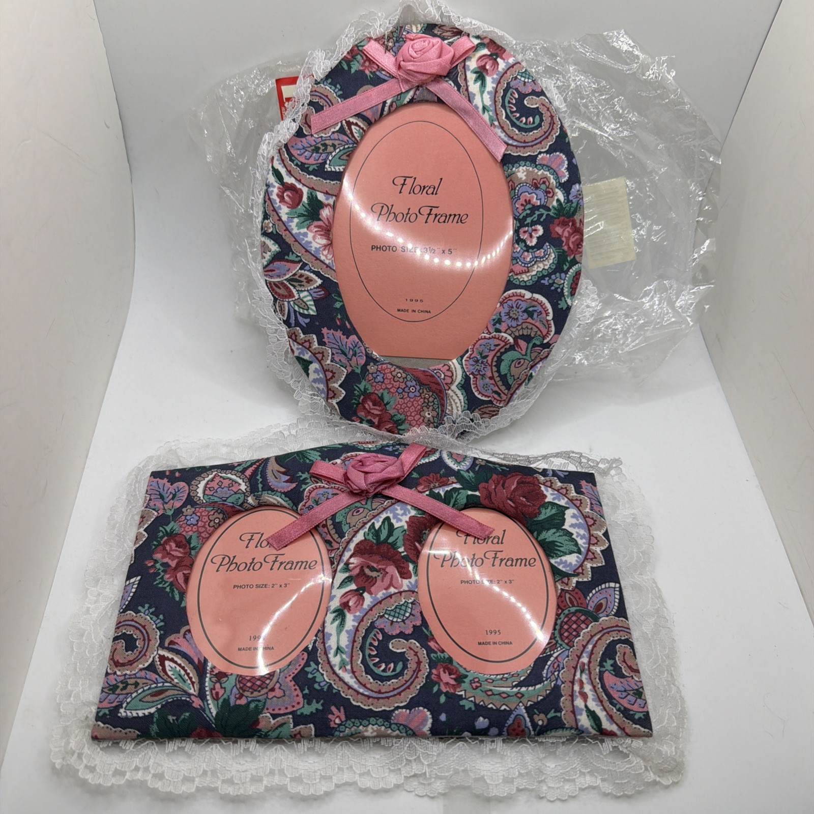 Lot of 2 Vtg Loomco Fabric Photo Frame Lace Cottagecore Double Oval Paisley