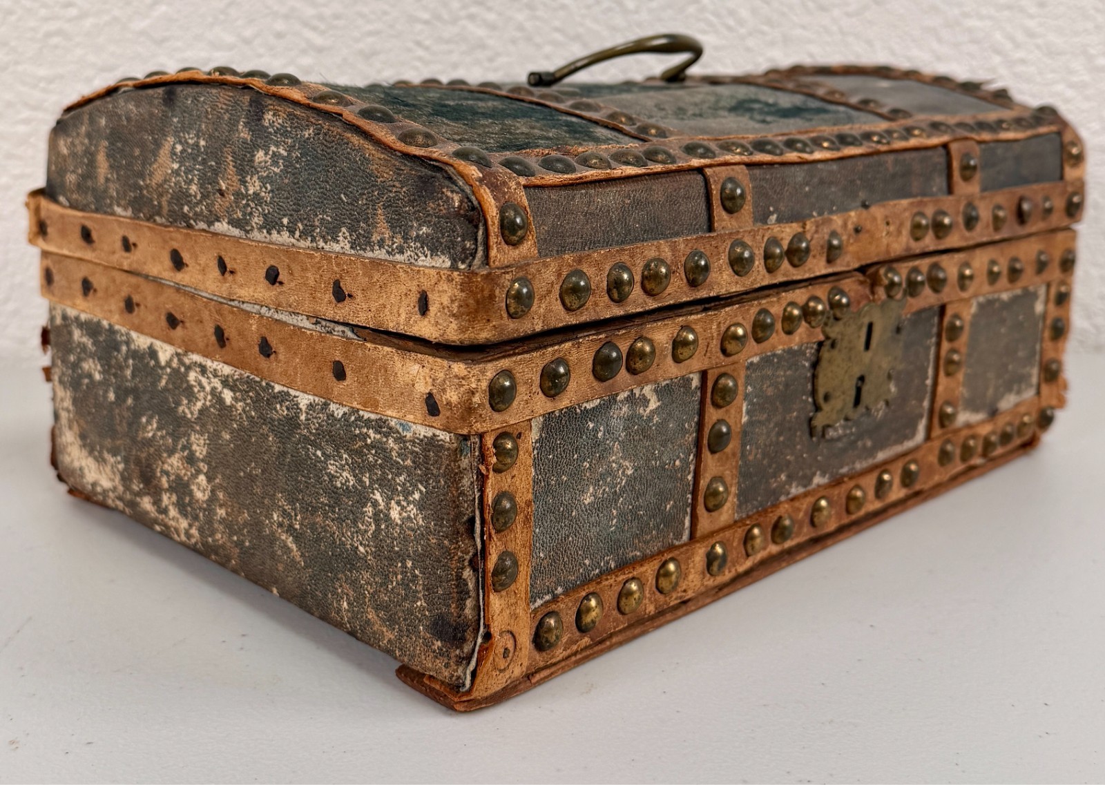 Antique Dome Top Leather Hide Studded Document Box 19th C. American Primitive