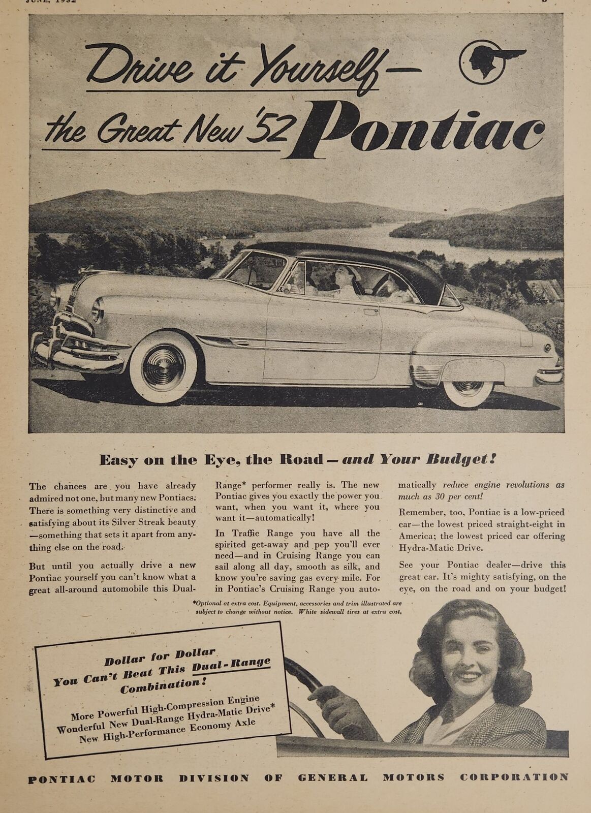 1952 Print Ad Pontiac 2-Door Cars Silver Streak Beauty White Sidewall Tires