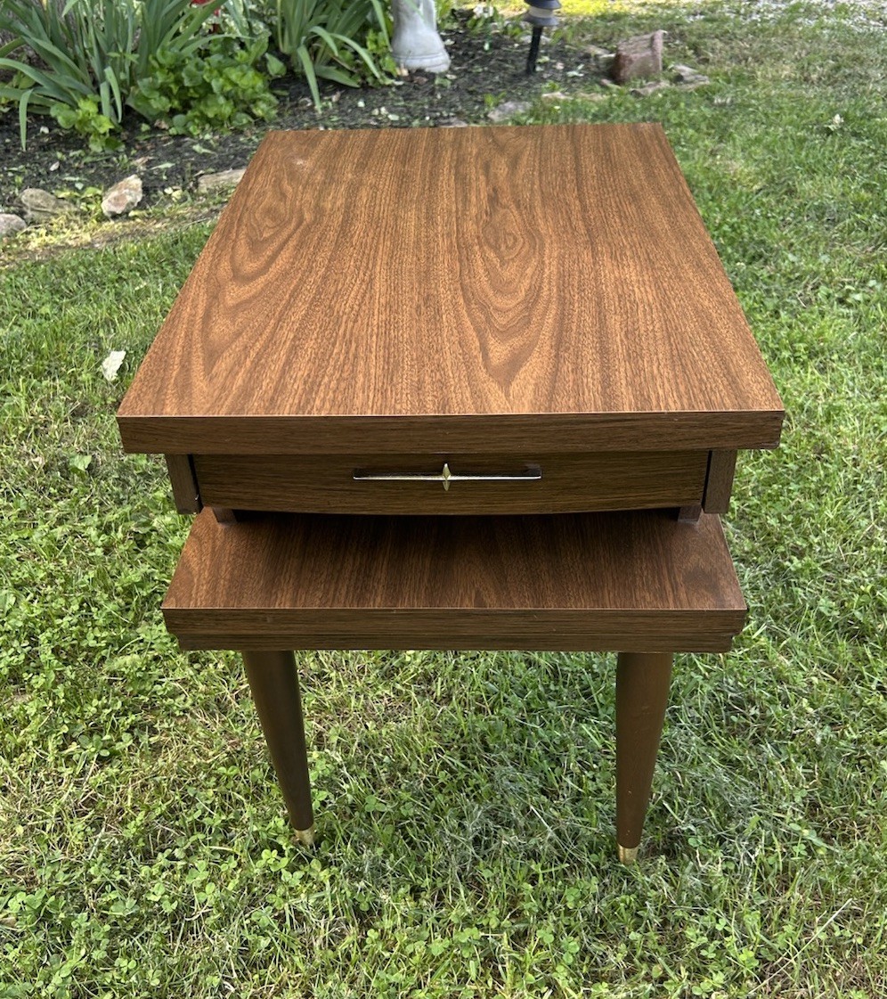 Vtg Mid Century End Table Side Table Formica Drawer 2 Tier 1 Drawer Atomic MCM