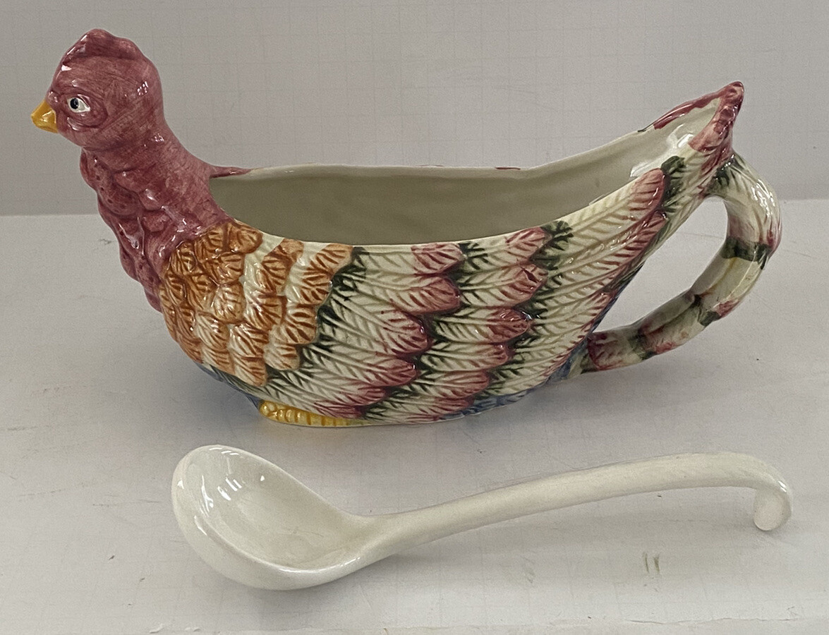 VT Ceramic Thanksgiving Turkey Gray Boat & Ladle Turkey Dinner Hand Painted OOAK