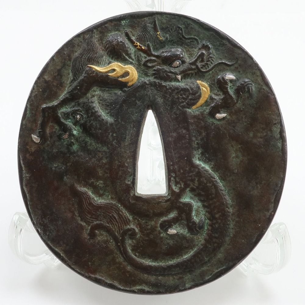 Antique Metal Tsuba Gold Inlay Dragon Pattern Fittings 0.6cm x 8cm x 8.5cm