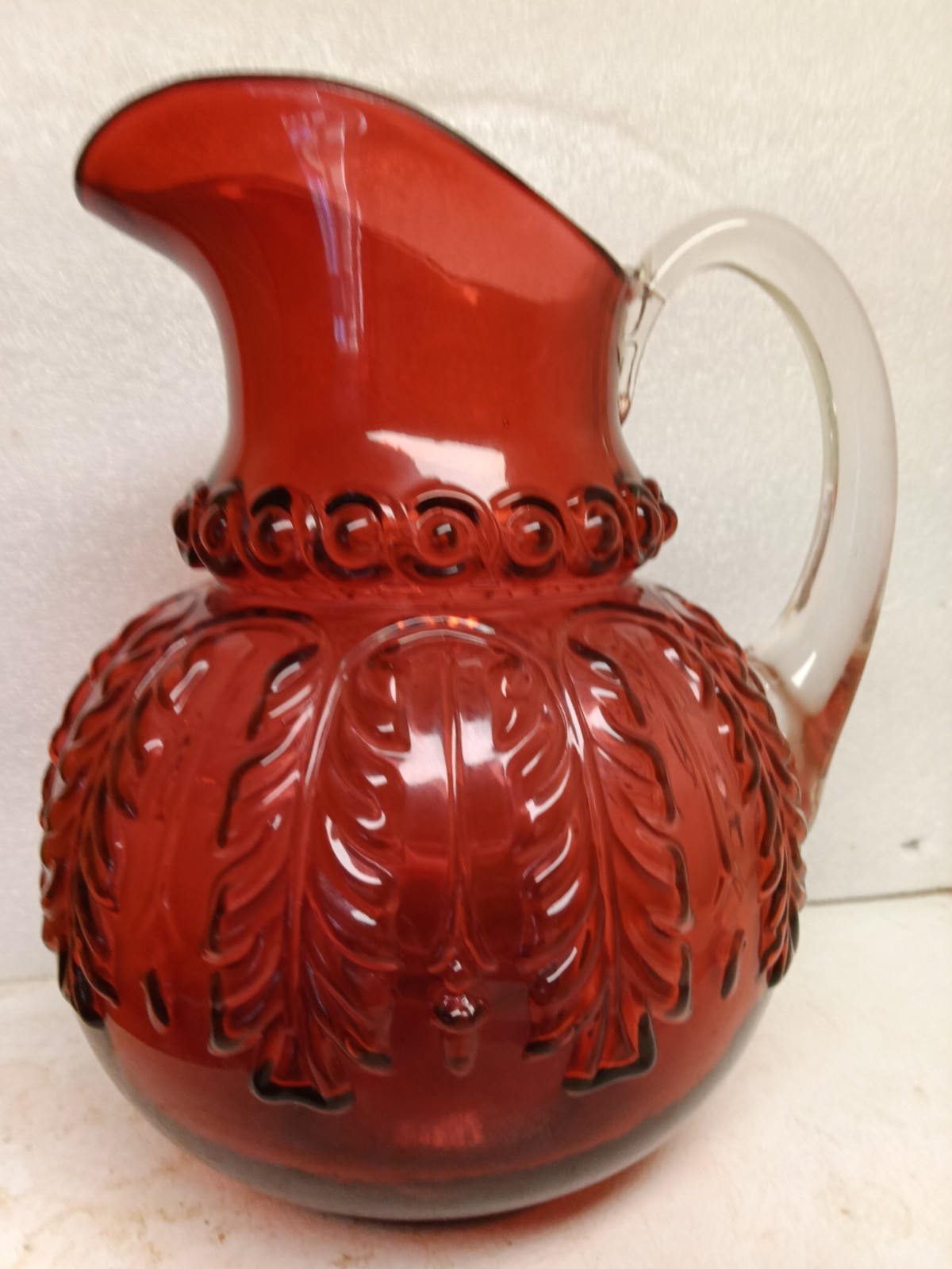 BEAUTIFUL VICTORIAN NORTHWOOD CRANBERRY LEAF UMBRELLA BLOWN PITCHER 1890’S