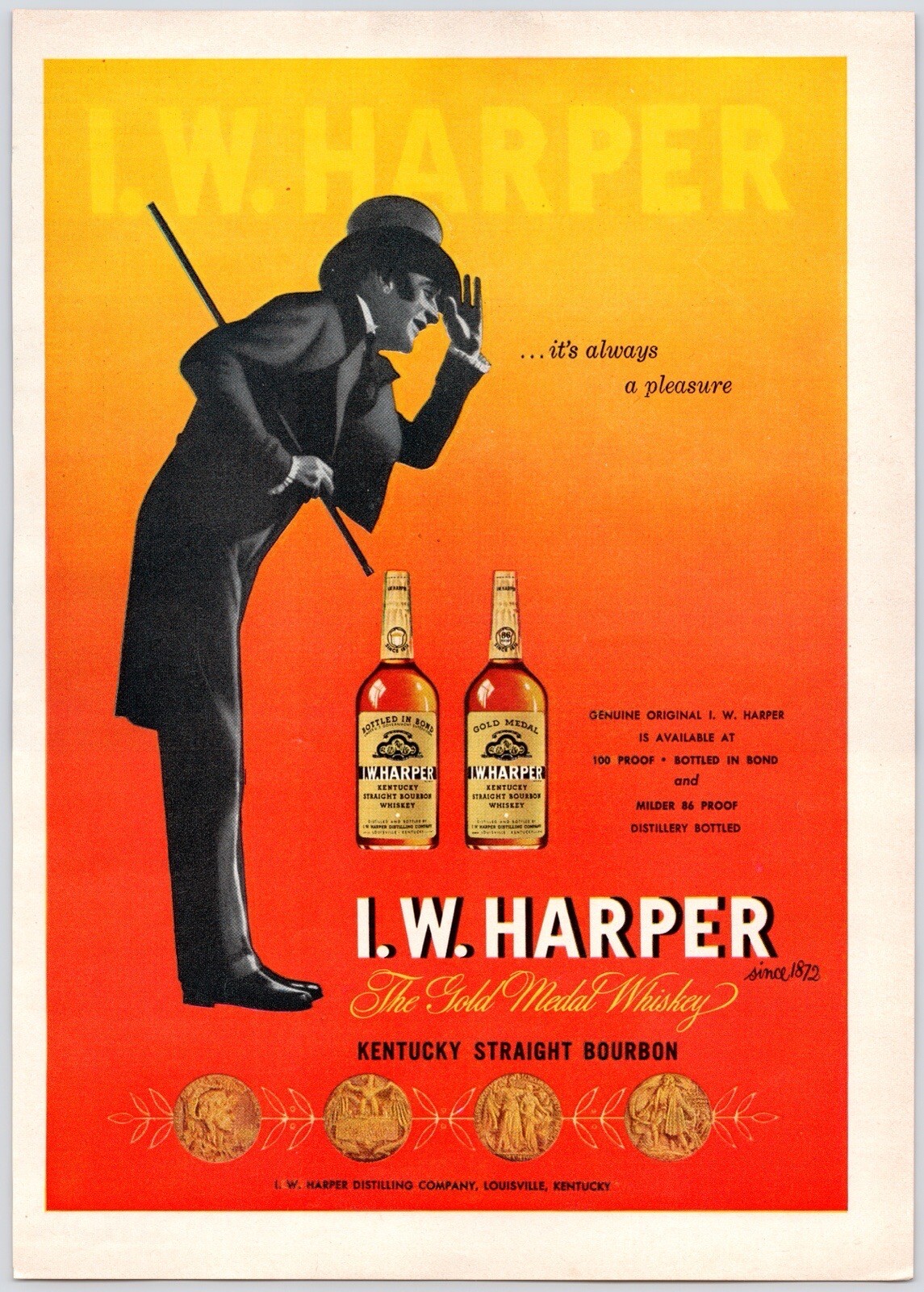 1950s~IW Harper~Kentucky Bourbon Whiskey~Top Hat Man~Liquor~Vintage Print Ad