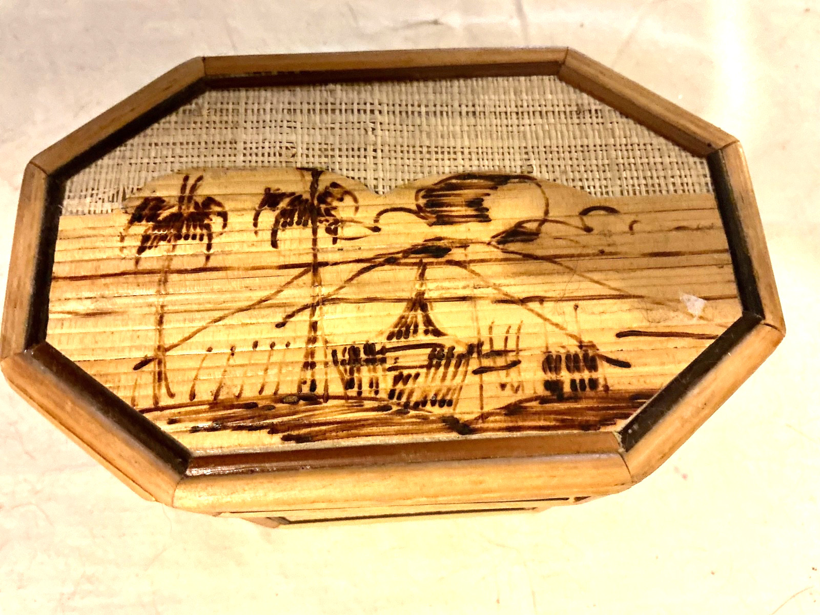 Small decorative wooden lined trinket box 5 inches by 3 inches tall