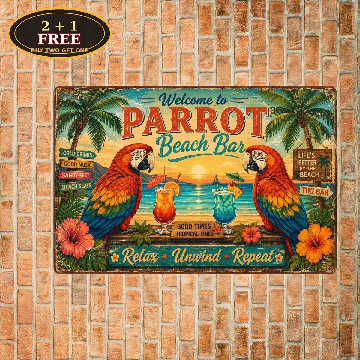 Tropical Island Parrot Margaritaville Beach Cocktail Bar Metal Sign 8×12
