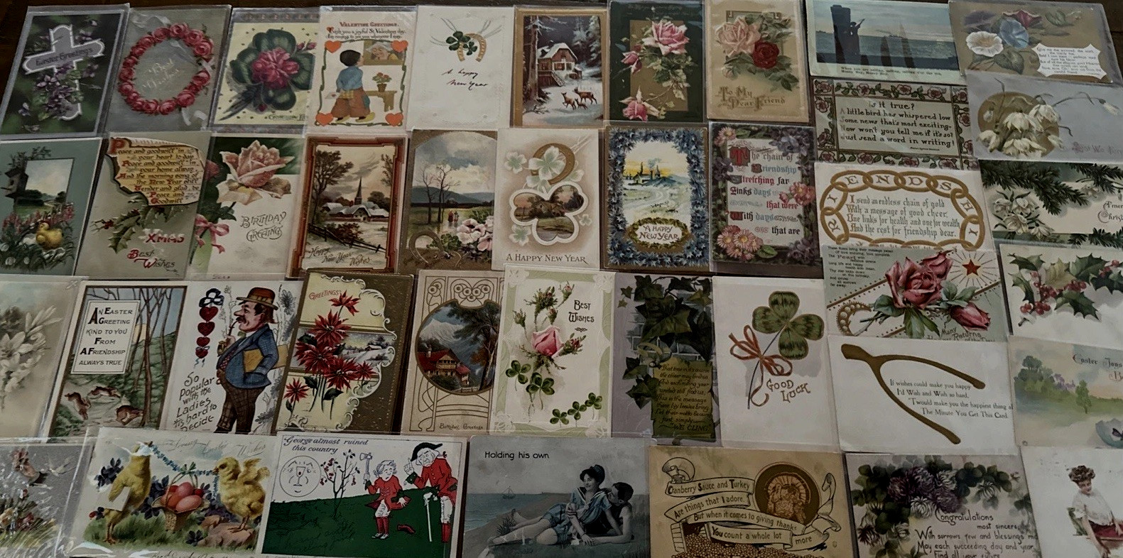 ~Lot of 43 Antique 1900’s~Mixed Topics Greetings Postcards~All with stamps-r826