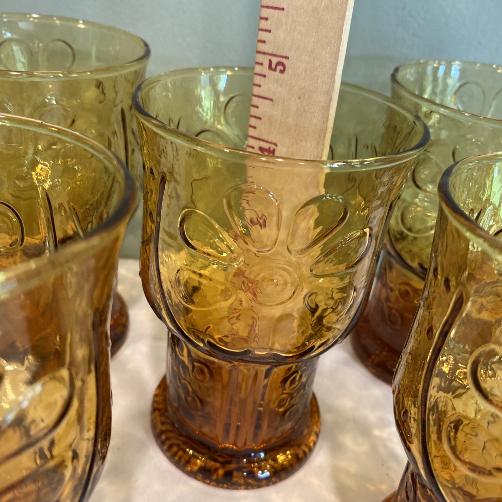 Vintage Libbey Daisy Pattern 5” Amber Drinking Glass ‘Country Garden’ Set of 5