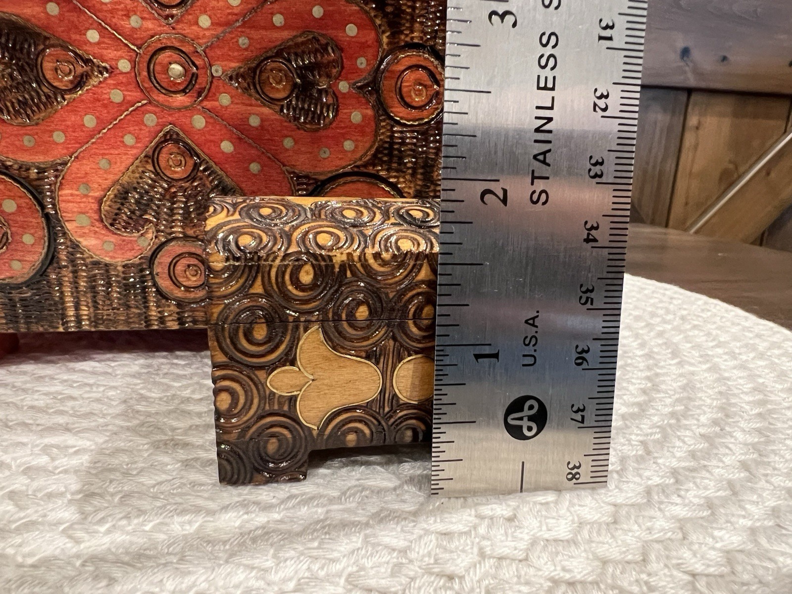 VTG Hand Carved Folk Art Wooden Tramp Art Style Storage Box + Bonus, Poland!