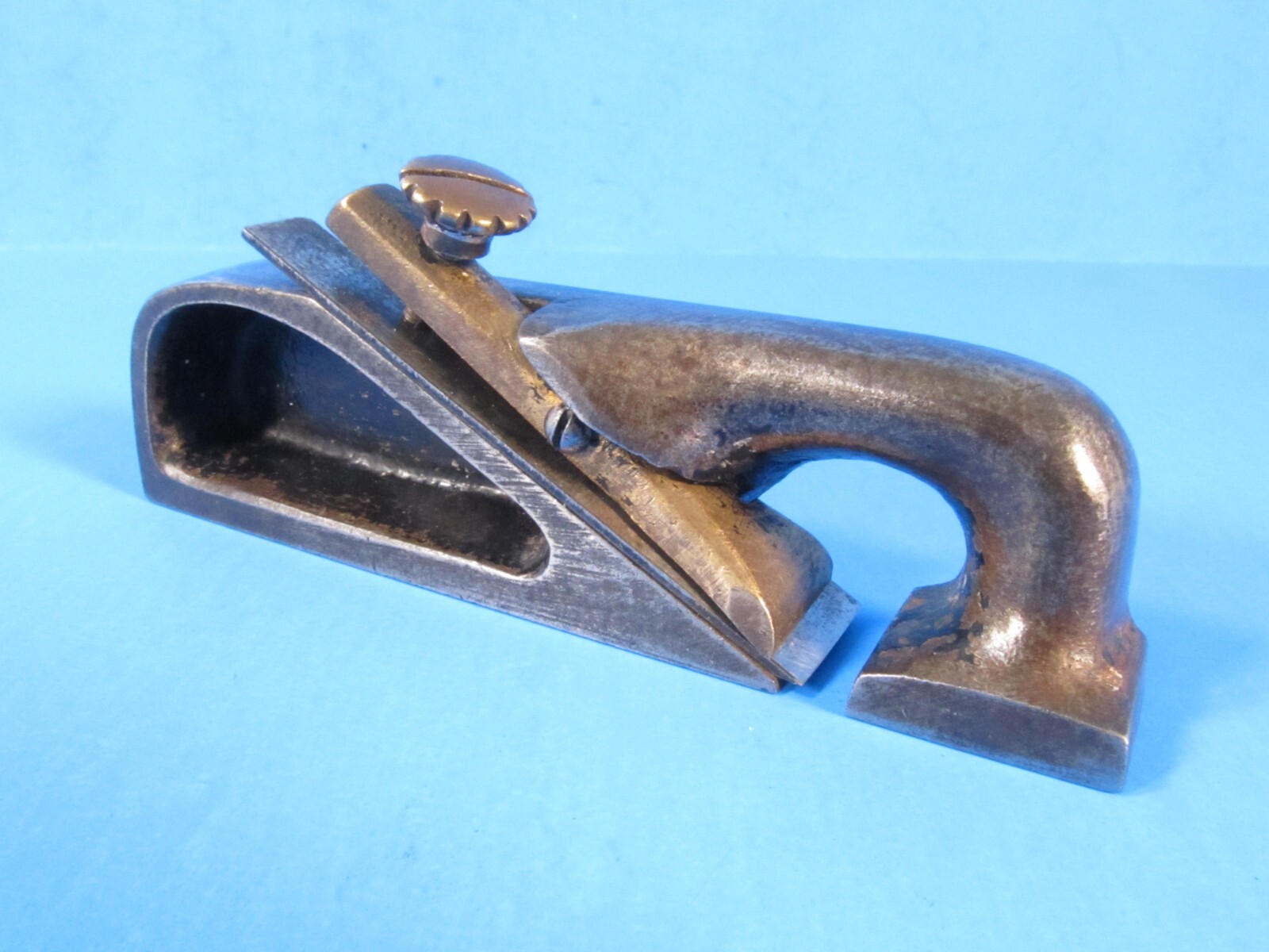 showy & unique open sided wood rabbet plane cast iron frame & brass hold-down