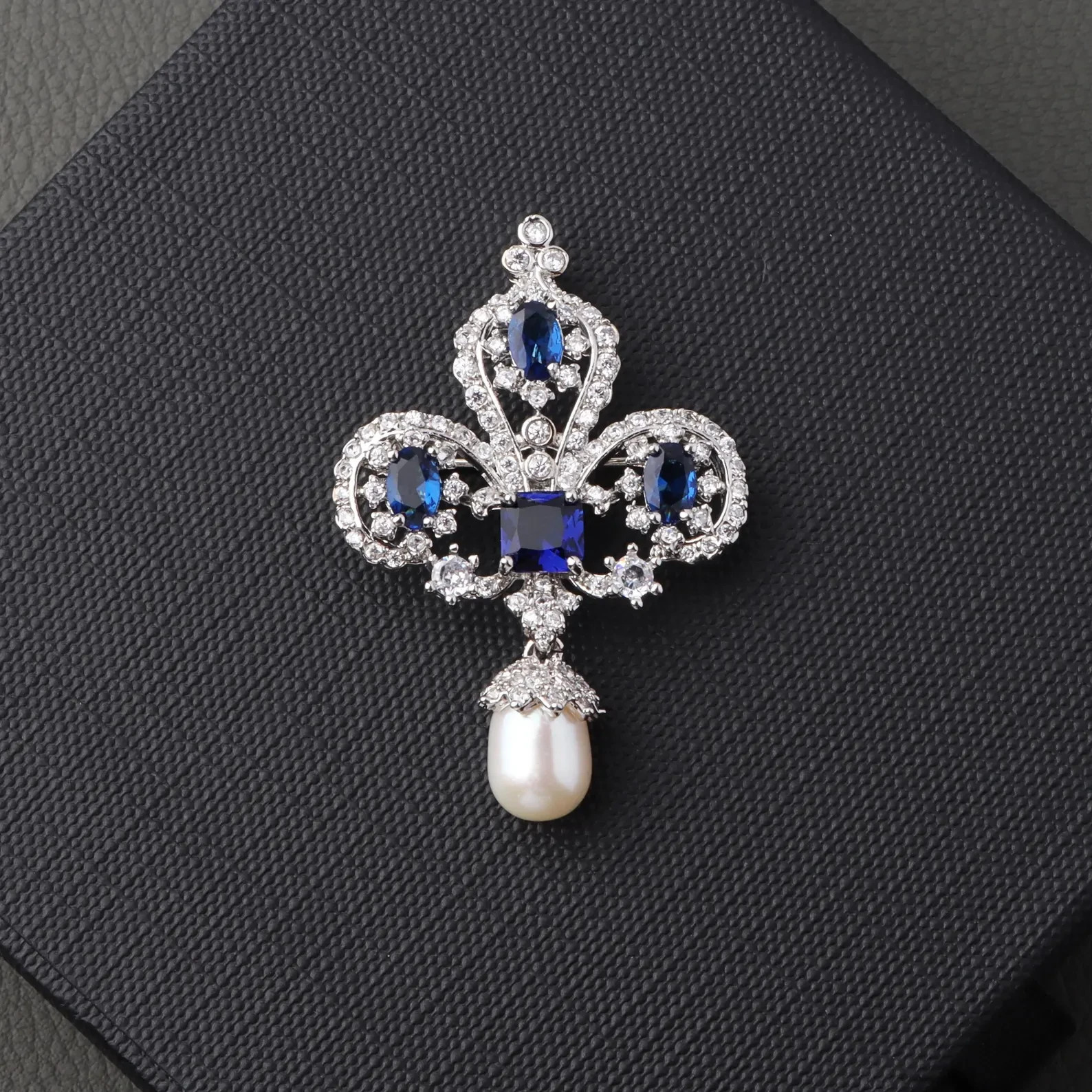 Estate Sapphire,Pearl & Diamond 14K White Gold Over Crown Brooch Pin For Unisex