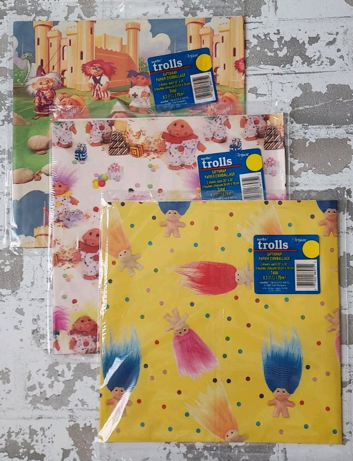Vintage 1992 Norfin Trolls Birthday Gift Wrap – 3 Designs, 2 Sheets Each NOS