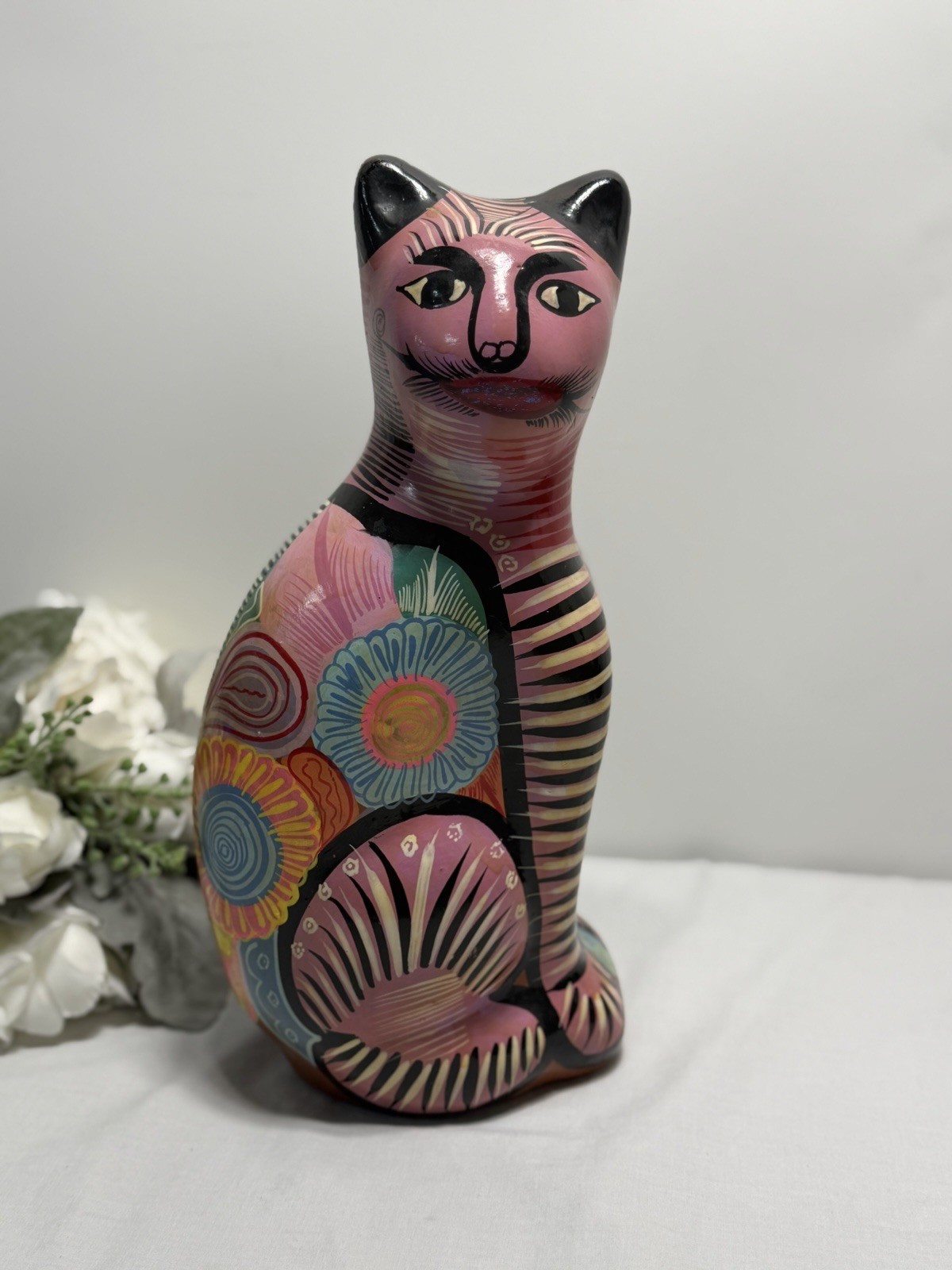 12.5” Mexican Folk Art Pottery Cat Sculpture Talavera Style Pink Base Colorful