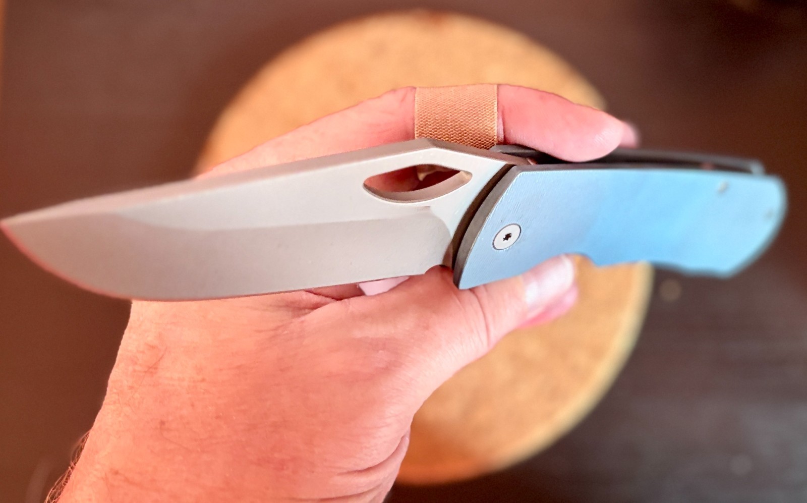 Custom anodized titanium EDC knife – Aqua blue/Darkwash 3.74″