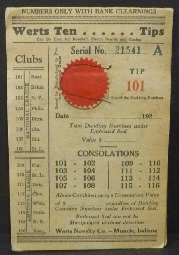 Nice 1930’s “Werts Ten” Baseball Gaming Pull Tabs Booklet 120 Tabs Complete