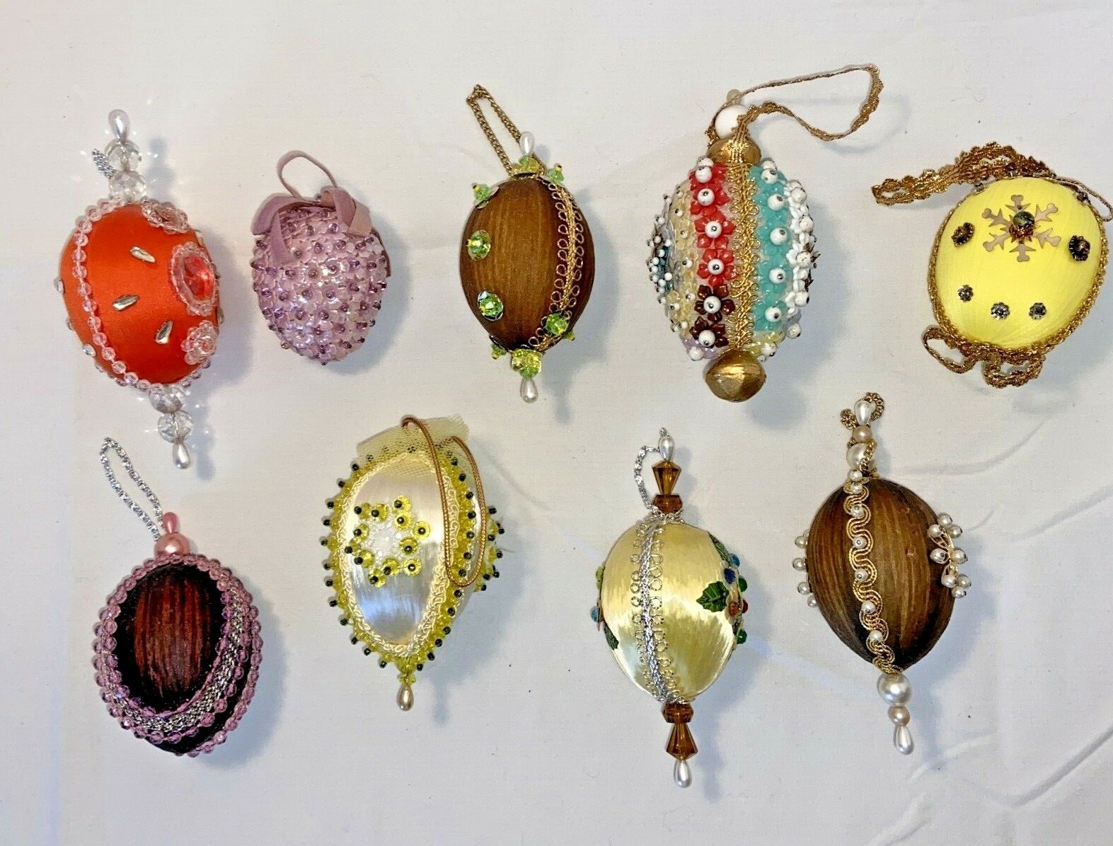 Vintage Christmas Easter Handmade Beaded Sequins 8 Push Pin Egg Ball Ornaments